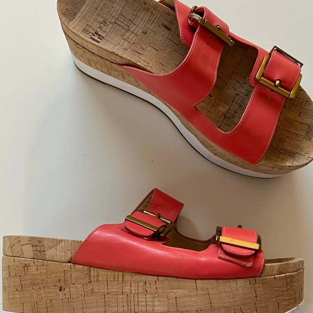 Red Cork Platform Slide Sandals with Buckle Straps